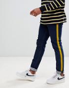 Asos Design Skinny Jeans In Rinse Wash With Mustard Velour Side Stripe - Blue