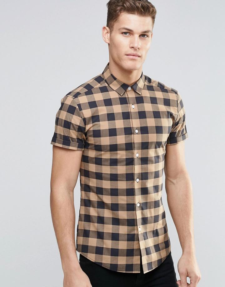 Asos Skinny Shirt In Camel Buffalo Plaid - Tan