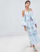 South Beach Maxi Crepe Block Print Beach Dress With Pom Pom Sleeve Trim - Multi