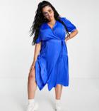 Vero Moda Curve Satin Wrap Midi Dress With Tie Sides In Blue-blues