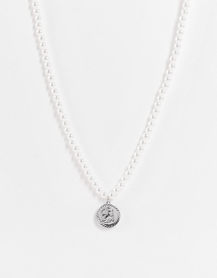 Asos Design 6mm Faux Pearl Festival Necklace With St Christopher Pendant In Silver-white