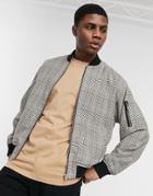 Asos Design Bomber Jacket In Stone Plaid With Ma1 Pocket-neutral
