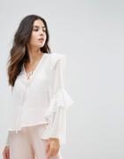 Influence Tie Neck Top With Ruffle Sleeves - White