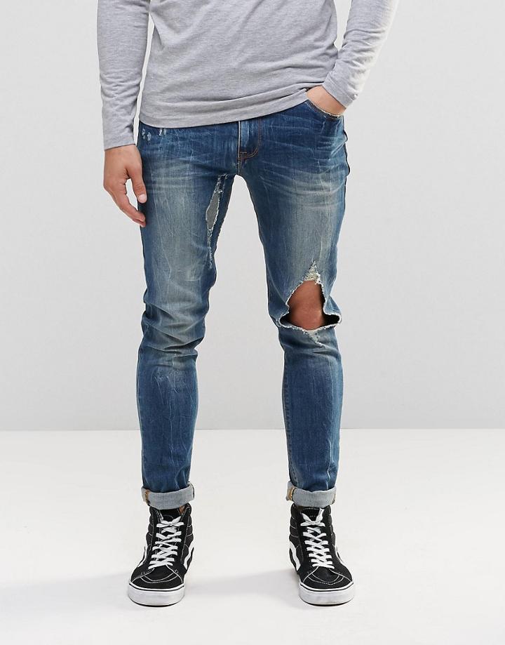 Asos Super Skinny Jeans With Open Rips In Mid Blue - Blue