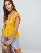 Asos Design Plunge Top With Peplum And Tie Open Back - Yellow