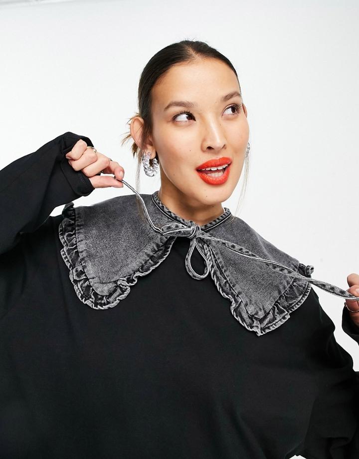 Noisy May Denim Frill Detail Tie Collar In Washed Black