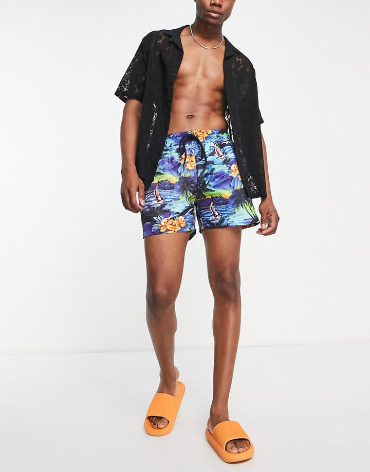 Reclaimed Vintage Inspired Recycled Swim Shorts In Tropical Beach Scene-multi