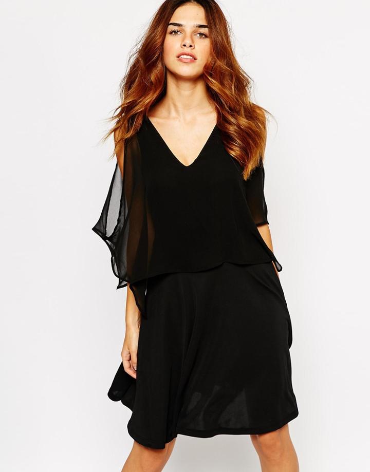 Warehouse Chiffon Cape Dress - Black