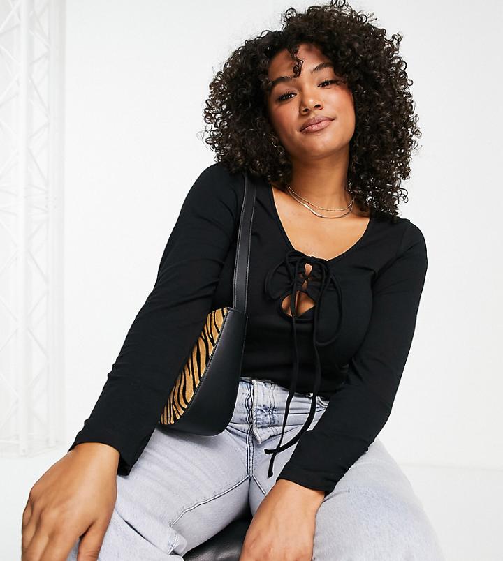 Asos Design Curve Long Sleeve Top With Lace Tie-front In Black