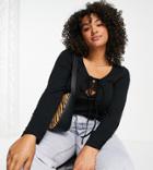 Asos Design Curve Long Sleeve Top With Lace Tie-front In Black