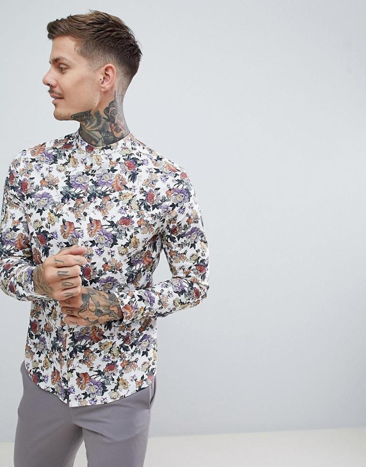 Asos Design Stretch Slim Floral Shirt In White With Grandad Collar - White