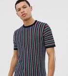 Asos Design Tall Knitted T-shirt With Zig Zag Stripe In Navy - Navy