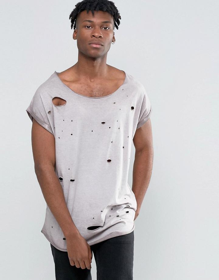 Asos Super Oversized T-shirt With Heavy Distressing Raw Edge And Pigment Dye - Brown