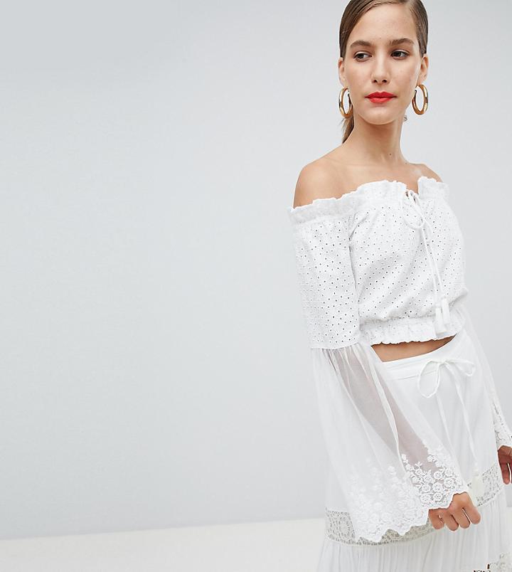River Island Lace Sleeve Off The Shoulder Crop Top - Cream