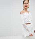 River Island Lace Sleeve Off The Shoulder Crop Top - Cream