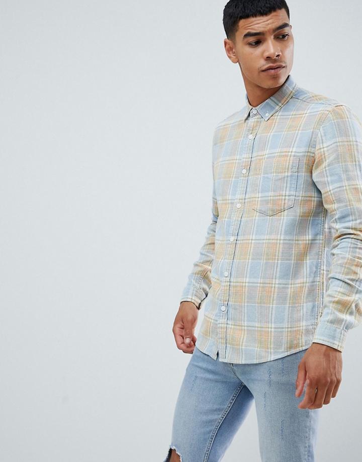 Asos Design Regular Fit Check Shirt In Blue Snow Wash - Blue
