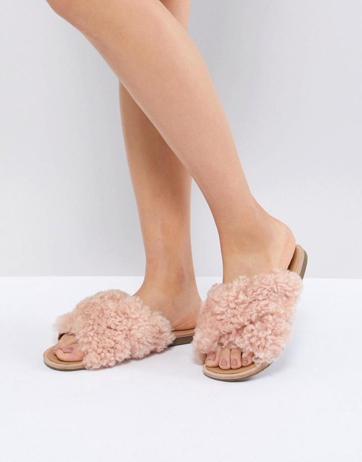 Ugg Joni Pink Shaggy Cross Strap Slides - Pink