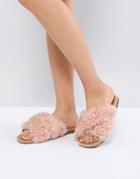 Ugg Joni Pink Shaggy Cross Strap Slides - Pink
