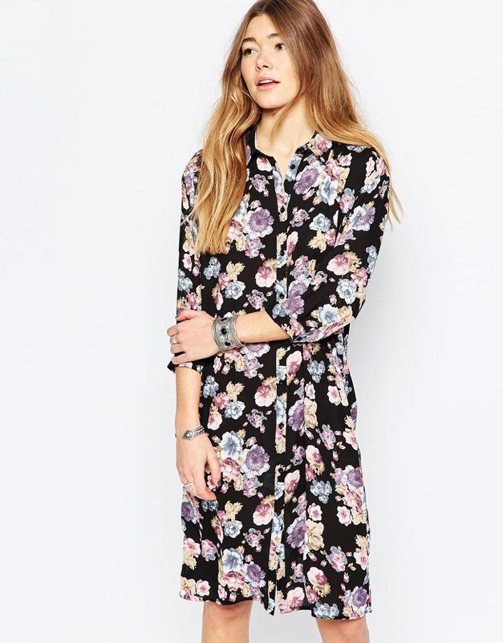 Only Floral Midi Shirt Dress - Black