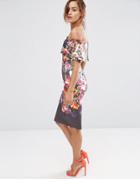 Asos Deep Fold Off The Shoulder Floral Midi Pencil Dress - Multi