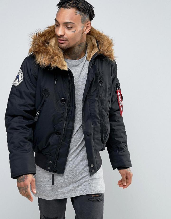 Alpha Industries Bomber Jacket With Faux Fur Trim In Regular Fit In Black - Black