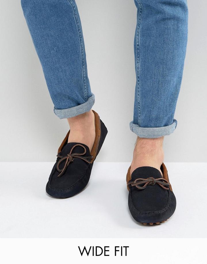 Asos Wide Fit Driving Shoes In Navy Suede With Brown Leather Detail - Navy