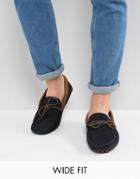 Asos Wide Fit Driving Shoes In Navy Suede With Brown Leather Detail - Navy