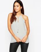 Asos High Neck Cami With Keyhole And Tie Front - Gray