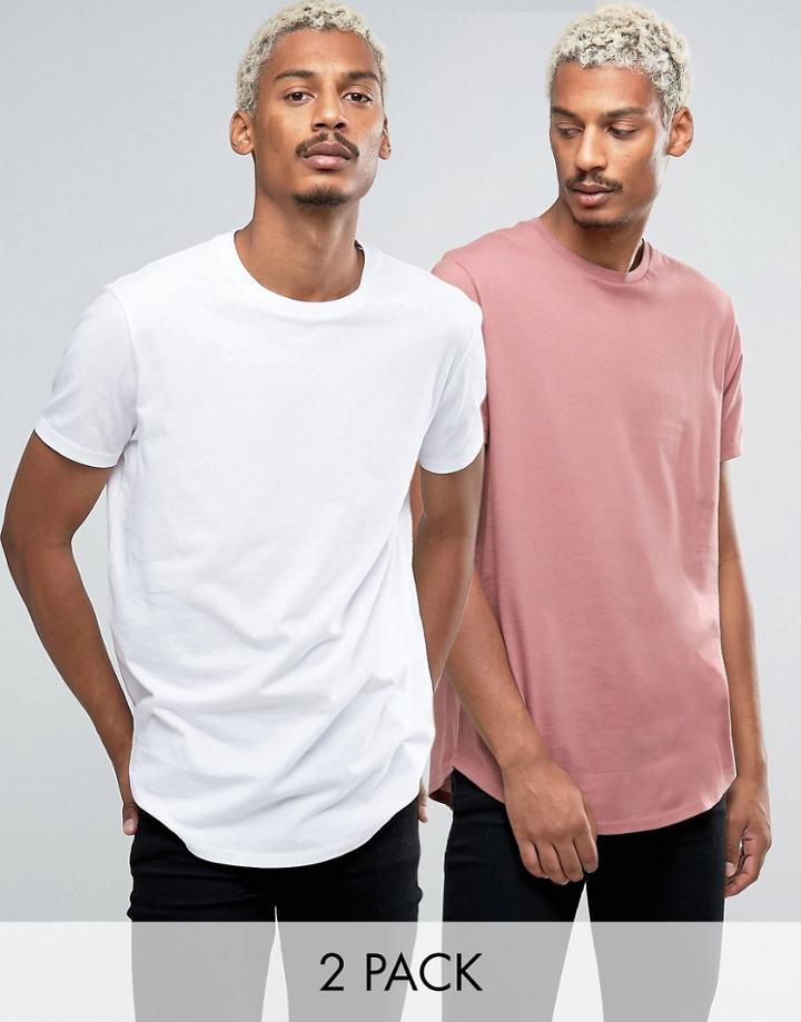 Asos 2 Pack Longline T-shirt With Curved Hem In White/pink - Multi