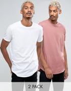 Asos 2 Pack Longline T-shirt With Curved Hem In White/pink - Multi