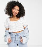 Asos Design Petite Shirred Eyelet Top With Puff Sleeve In White