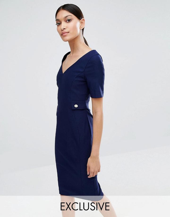 Vesper V Back Pencil Dress With Gold Button Detail - Navy