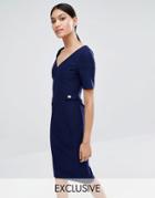 Vesper V Back Pencil Dress With Gold Button Detail - Navy