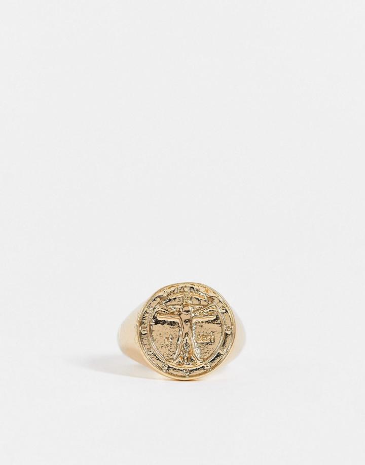 Asos Design Signet Ring With Vitruvian Man In Gold Tone