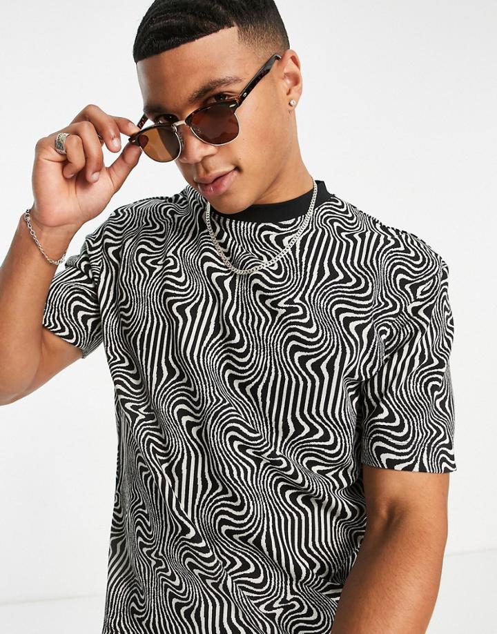 River Island Warped Jacquard T-shirt In Black