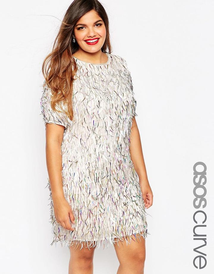 Asos Curve Red Carpet Embellished Fringed Shift Dress - Ice Gray