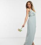 Tfnc Petite Bridesmaid Satin Halterneck Top Maxi Dress In Sage-green