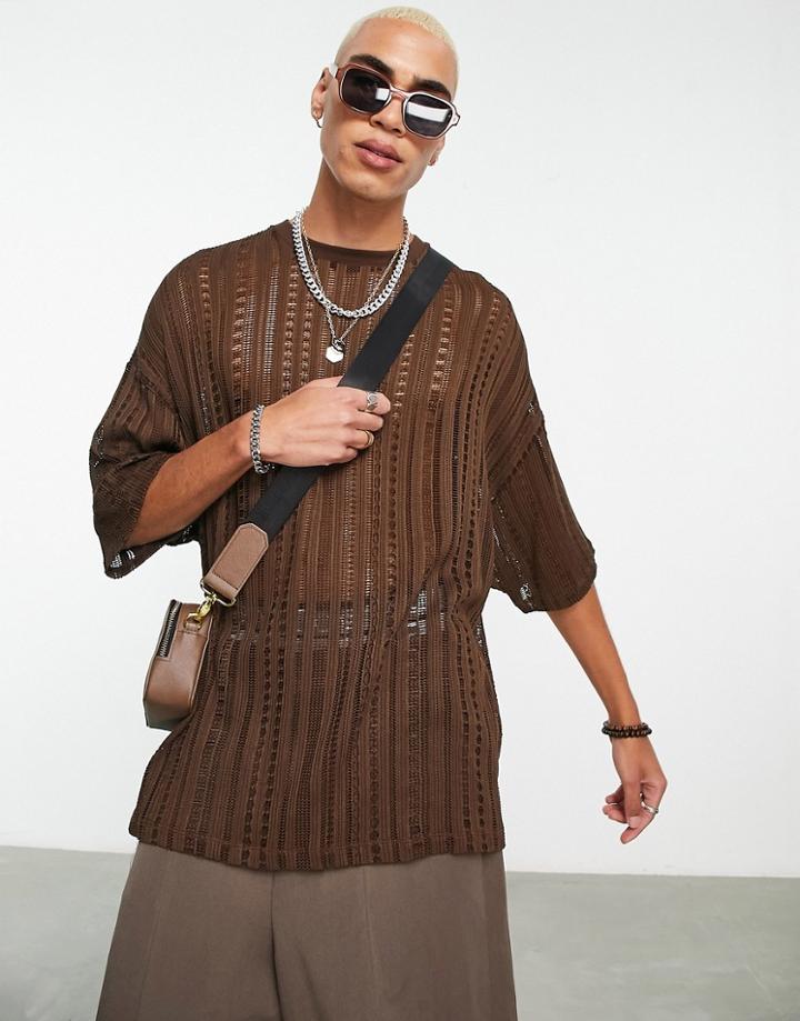 Asos Design Oversized T-shirt In Brown Lace Texture