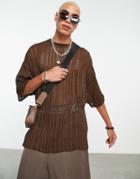 Asos Design Oversized T-shirt In Brown Lace Texture