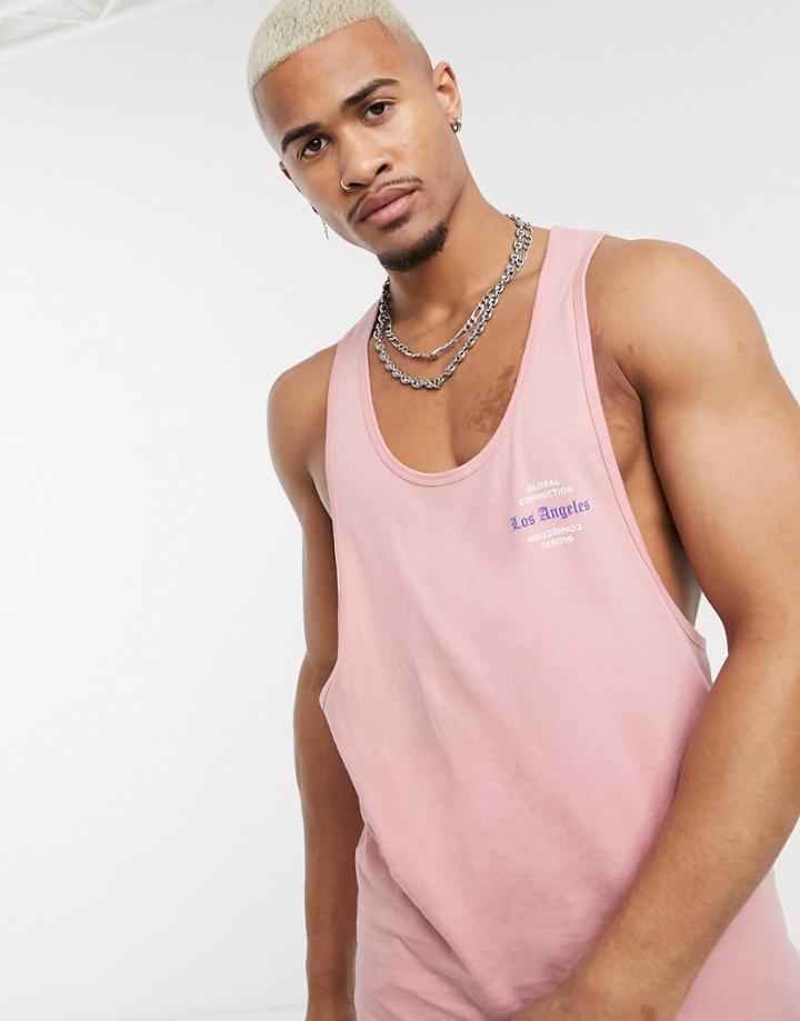 Asos Design Organic Cotton Racer Back Tank Top In Pink With Chest Print