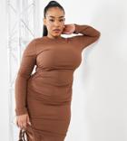 I Saw It First Plus Long Sleeve Ruched Dress In Chocolate-brown