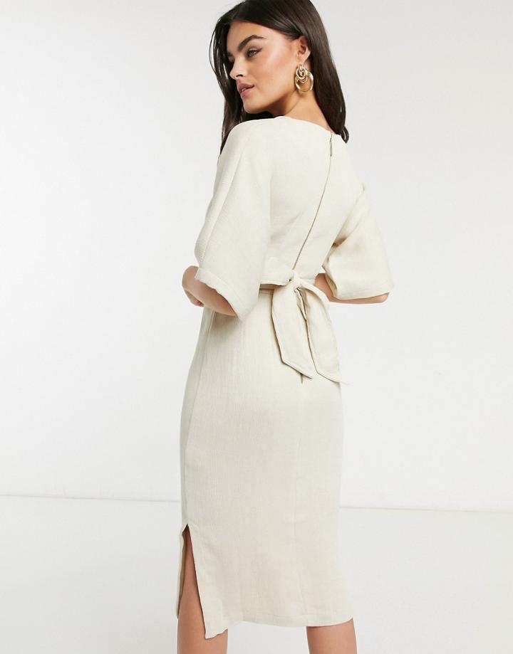 Closet London Ribbed Pencil Dress With Tie Belt In Stone-pink
