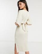 Closet London Ribbed Pencil Dress With Tie Belt In Stone-pink