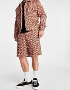 Asos Design Smart Elasticized Waist Wide Shorts With Retro Geo Print In Rust - Part Of A Set-brown