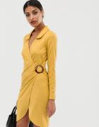 Asos Design Textured Dress With Ruching And Tortoiseshell Buckle Detail-yellow