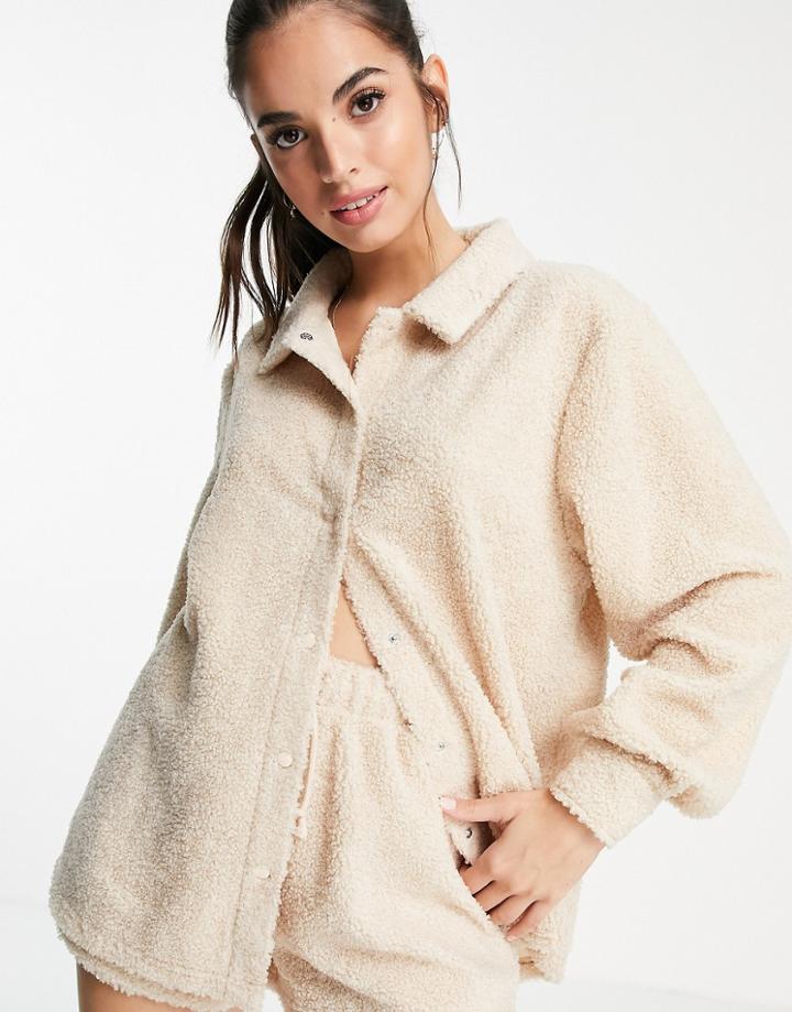 Asos Design Lounge Mix & Match Borg Shirt In Beige-neutral