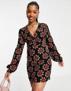 Pull & Bear 70's Floral V Neck Dress In Black