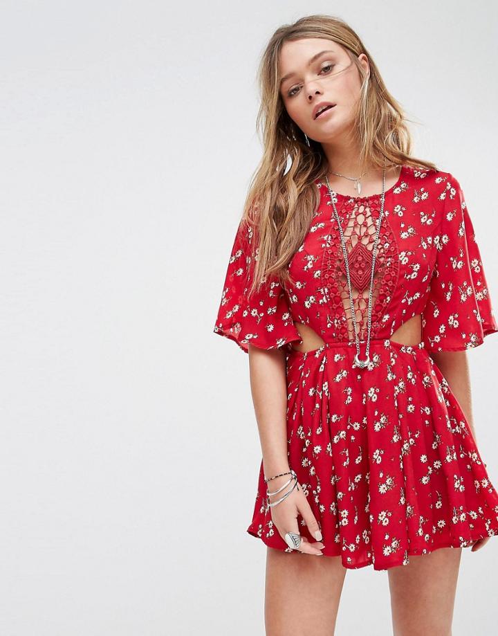 Kiss The Sky Festival Romper In Disty Flower Print - Red