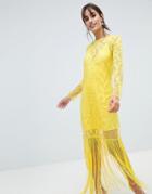 Asos Design Embroidered Long Sleeve Fringe Maxi Dress-yellow