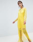 Asos Design Embroidered Long Sleeve Fringe Maxi Dress-yellow